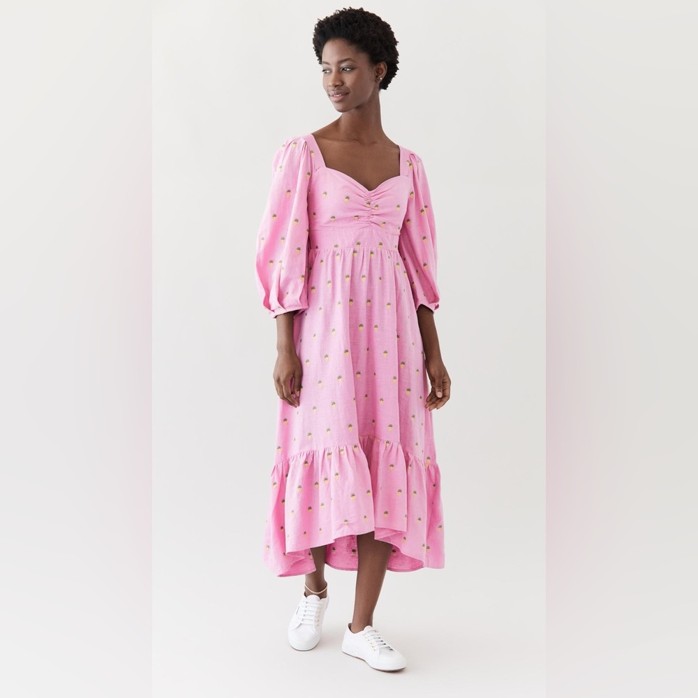FARM Rio Pink Smocked Midi Sundress with Bishop Sleeves